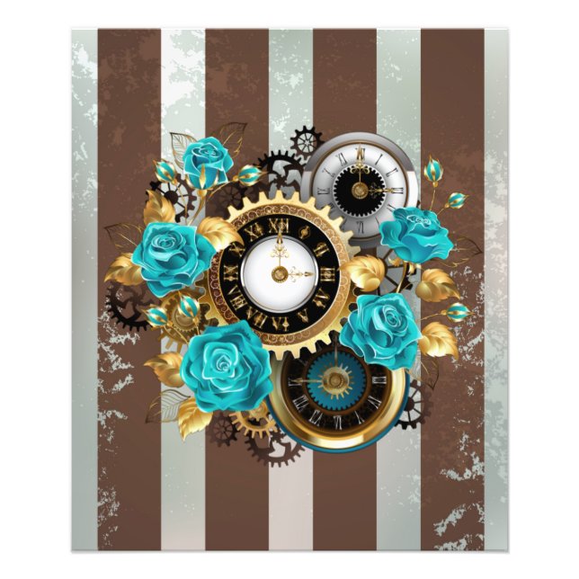 Steampunkuhr und türkisfarbene Rose auf Streifen Fotodruck (Vorne)