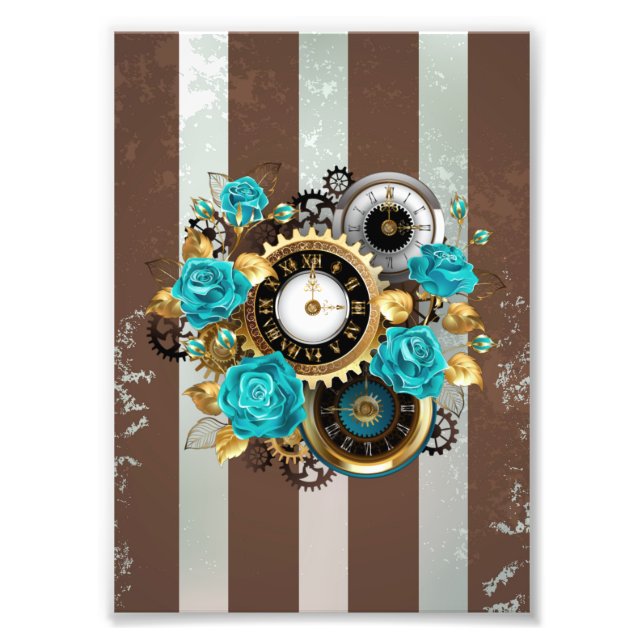 Steampunkuhr und türkisfarbene Rose auf Streifen Fotodruck (Vorne)