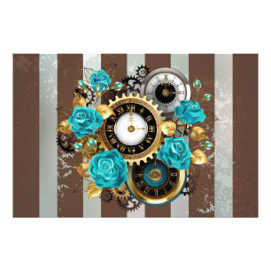 Steampunkuhr und türkisfarbene Rose auf Streifen Fotodruck