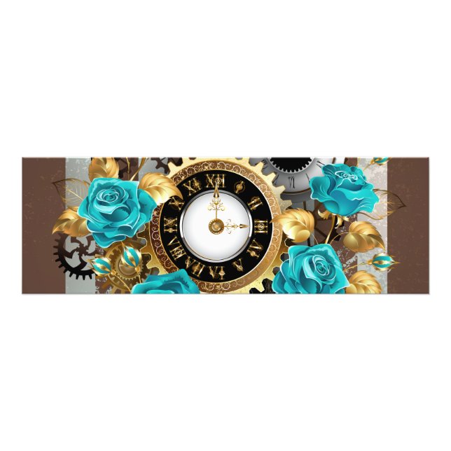 Steampunkuhr und türkisfarbene Rose auf Streifen Fotodruck (Vorne)