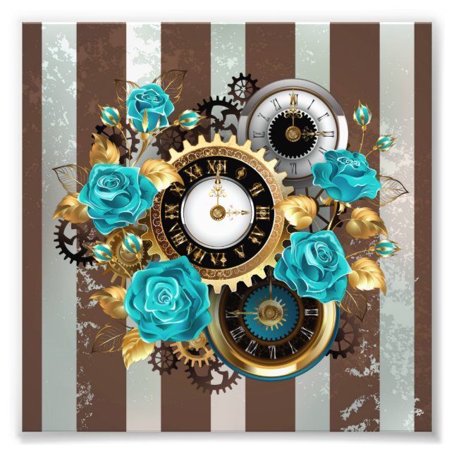 Steampunkuhr und türkisfarbene Rose auf Streifen Fotodruck (Vorne)
