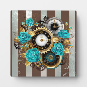 Steampunkuhr und türkisfarbene Rose auf Streifen Fotoplatte