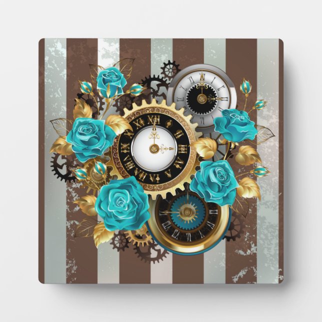 Steampunkuhr und türkisfarbene Rose auf Streifen Fotoplatte (Vorderseite)
