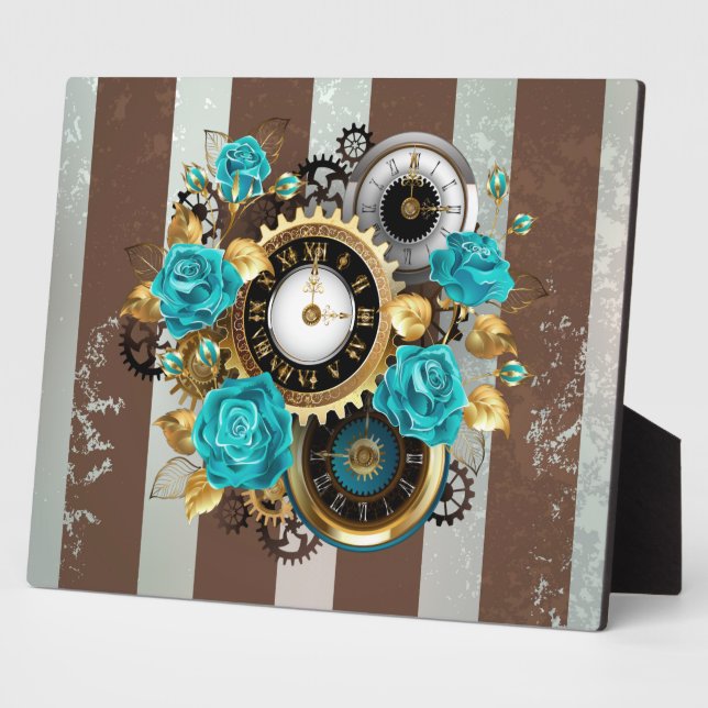 Steampunkuhr und türkisfarbene Rose auf Streifen Fotoplatte (Seite)