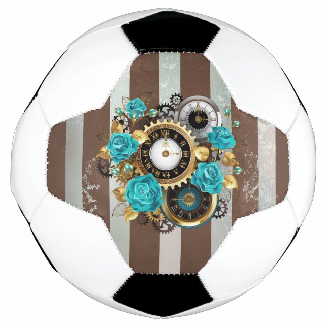 Steampunkuhr und türkisfarbene Rose auf Streifen Fußball (Vorderseite)