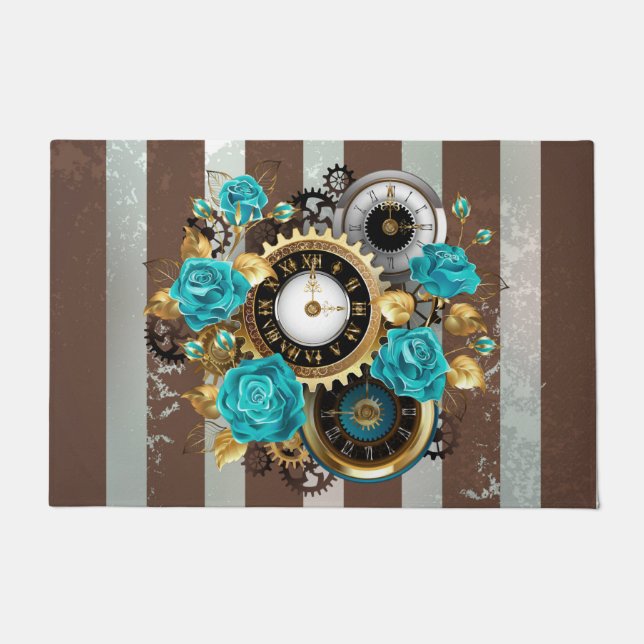 Steampunkuhr und türkisfarbene Rose auf Streifen Fußmatte (Vorderseite)