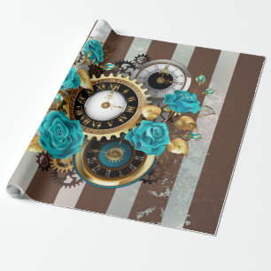 Steampunkuhr und türkisfarbene Rose auf Streifen Geschenkpapier
