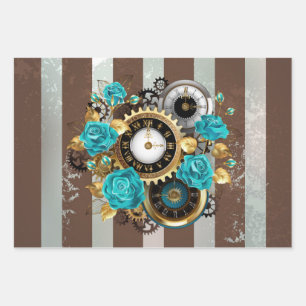 Steampunkuhr und türkisfarbene Rose auf Streifen Geschenkpapier Set