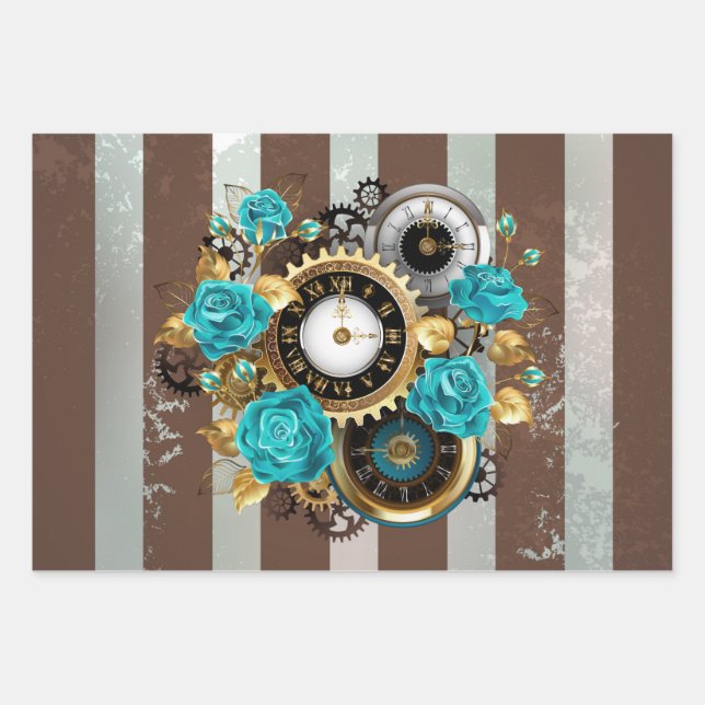 Steampunkuhr und türkisfarbene Rose auf Streifen Geschenkpapier Set (Vorderseite)