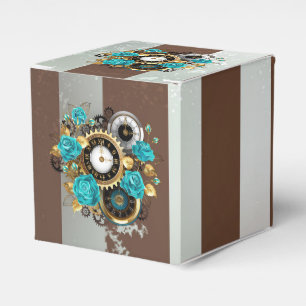 Steampunkuhr und türkisfarbene Rose auf Streifen Geschenkschachtel