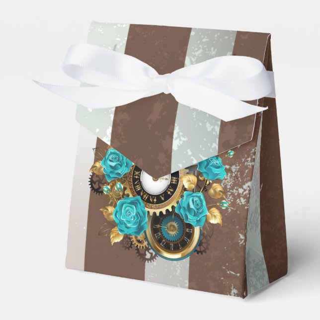 Steampunkuhr und türkisfarbene Rose auf Streifen Geschenkschachtel (Vorderseite)