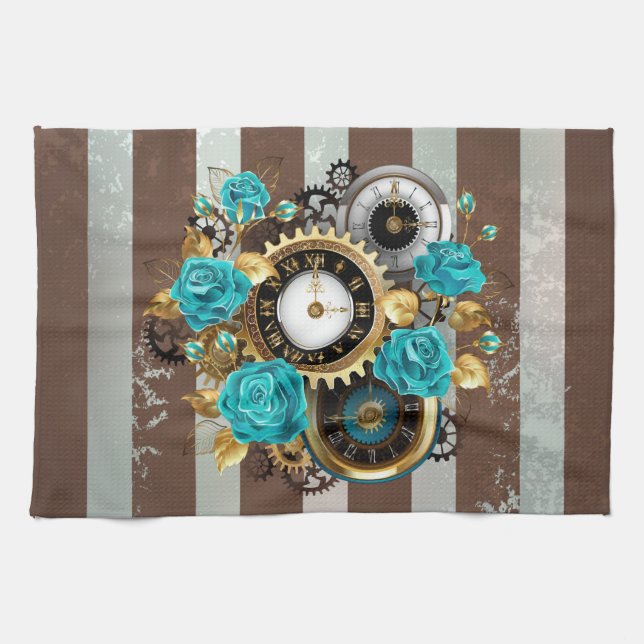 Steampunkuhr und türkisfarbene Rose auf Streifen Geschirrtuch (Horizontal)