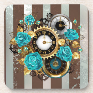 Steampunkuhr und türkisfarbene Rose auf Streifen Getränkeuntersetzer