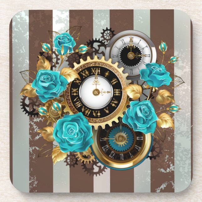 Steampunkuhr und türkisfarbene Rose auf Streifen Getränkeuntersetzer (Vorderseite)