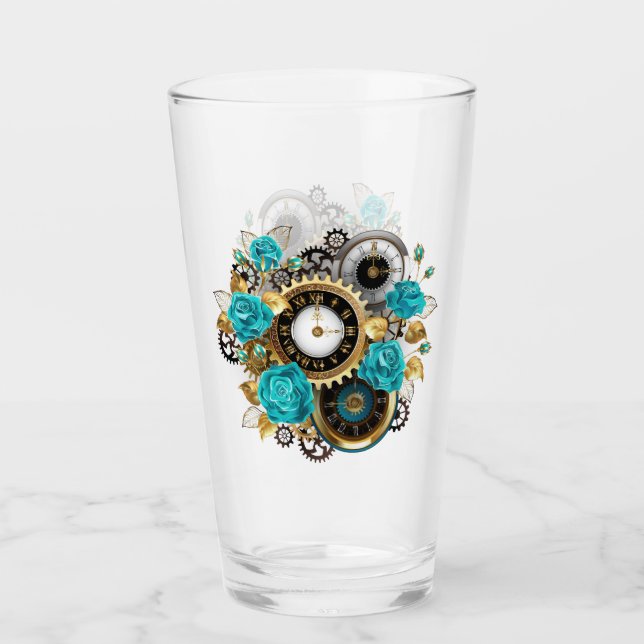 Steampunkuhr und türkisfarbene Rose auf Streifen Glas (Vorderseite)
