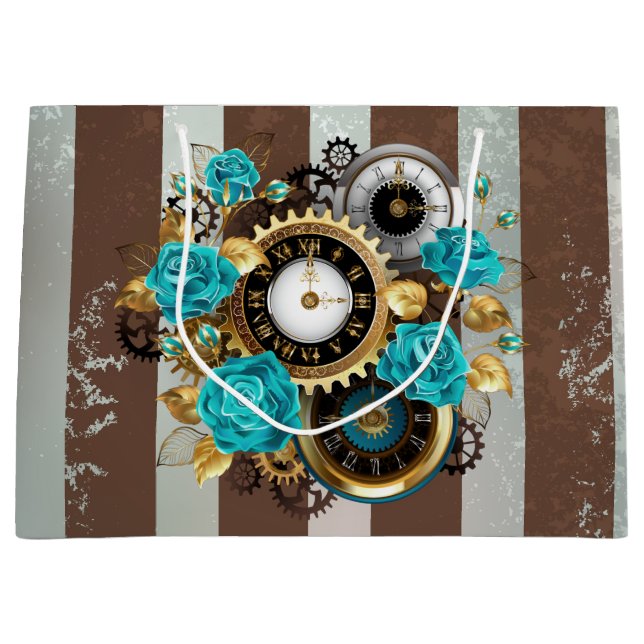 Steampunkuhr und türkisfarbene Rose auf Streifen Große Geschenktüte (Vorderseite)