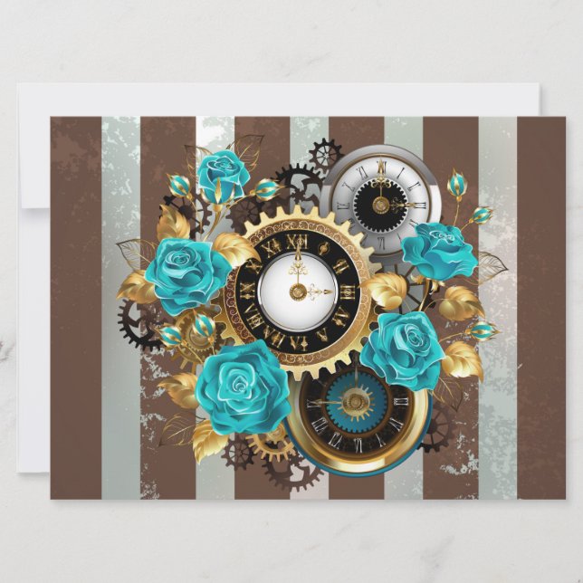 Steampunkuhr und türkisfarbene Rose auf Streifen Karte (Vorderseite)