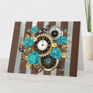 Steampunkuhr und türkisfarbene Rose auf Streifen Karte
