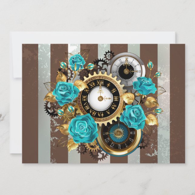 Steampunkuhr und türkisfarbene Rose auf Streifen Karte (Vorderseite)