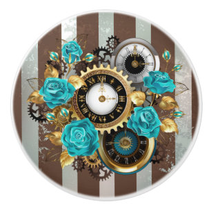 Steampunkuhr und türkisfarbene Rose auf Streifen Keramikknauf