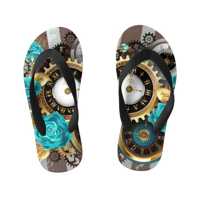 Steampunkuhr und türkisfarbene Rose auf Streifen Kinderbadesandalen (Fußbett)
