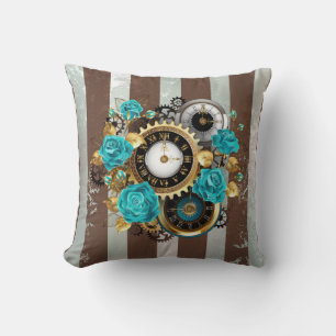 Steampunkuhr und türkisfarbene Rose auf Streifen Kissen