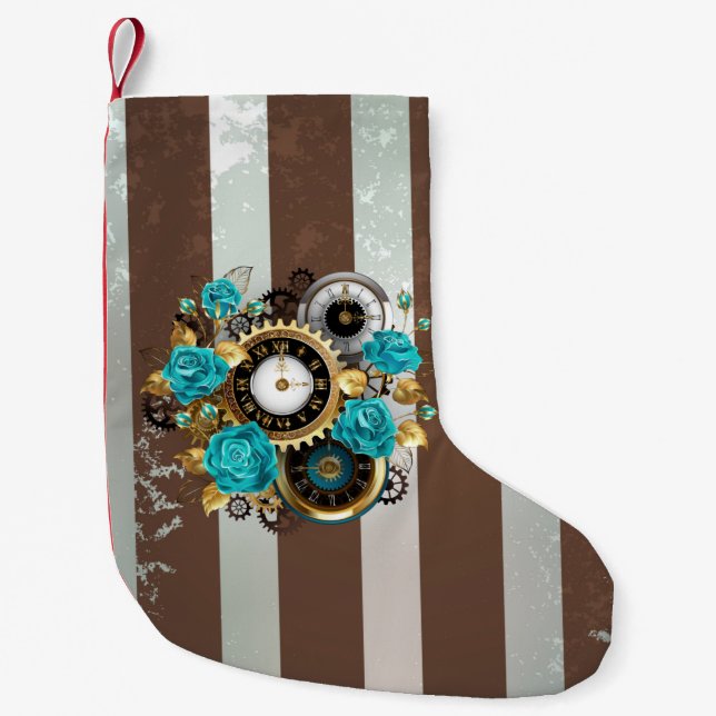 Steampunkuhr und türkisfarbene Rose auf Streifen Kleiner Weihnachtsstrumpf (Vorderseite)