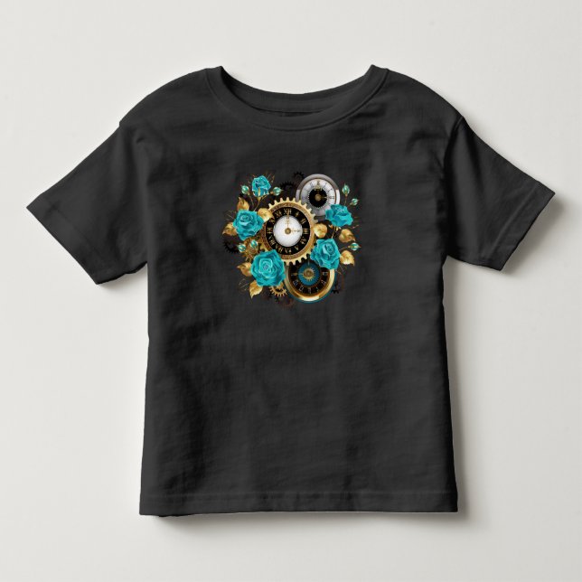 Steampunkuhr und türkisfarbene Rose auf Streifen Kleinkind T-shirt (Vorderseite)