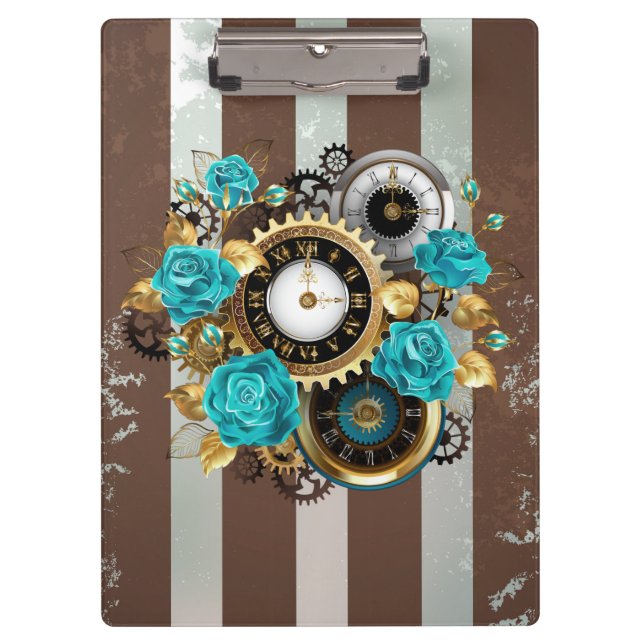 Steampunkuhr und türkisfarbene Rose auf Streifen Klemmbrett (Vorderseite)