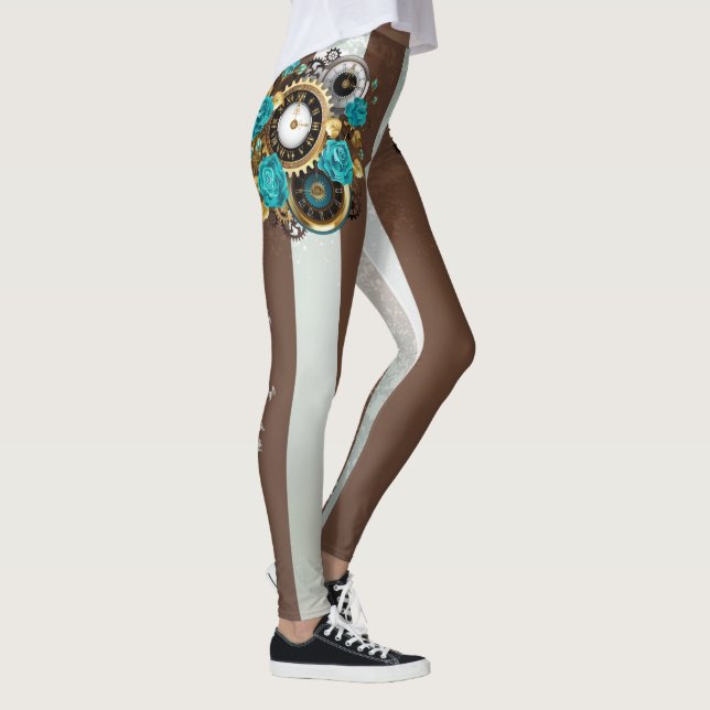 Steampunkuhr und türkisfarbene Rose auf Streifen Leggings (Rechts)