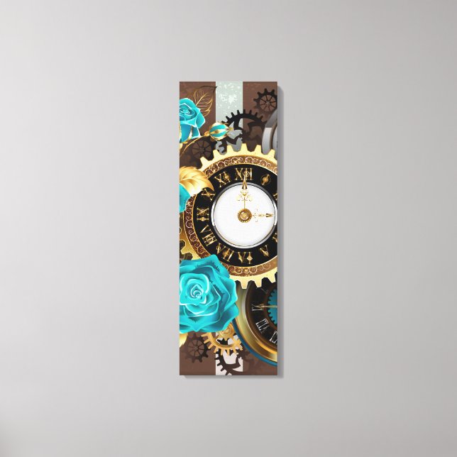Steampunkuhr und türkisfarbene Rose auf Streifen Leinwanddruck (Vorderseite)