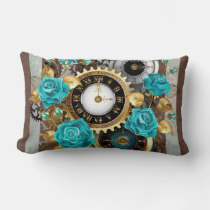 Steampunkuhr und türkisfarbene Rose auf Streifen Lendenkissen
