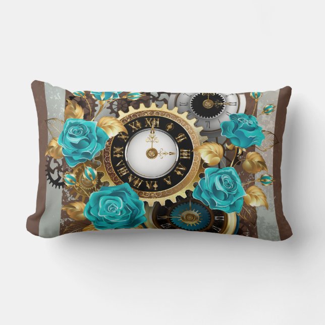 Steampunkuhr und türkisfarbene Rose auf Streifen Lendenkissen (Vorderseite)