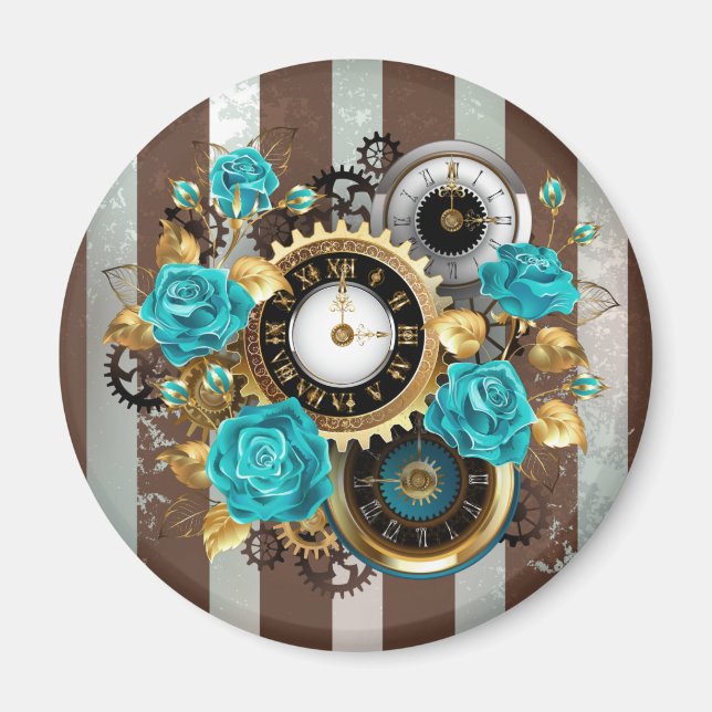 Steampunkuhr und türkisfarbene Rose auf Streifen Magnet (Vorne)