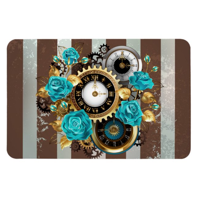 Steampunkuhr und türkisfarbene Rose auf Streifen Magnet (Horizontal)
