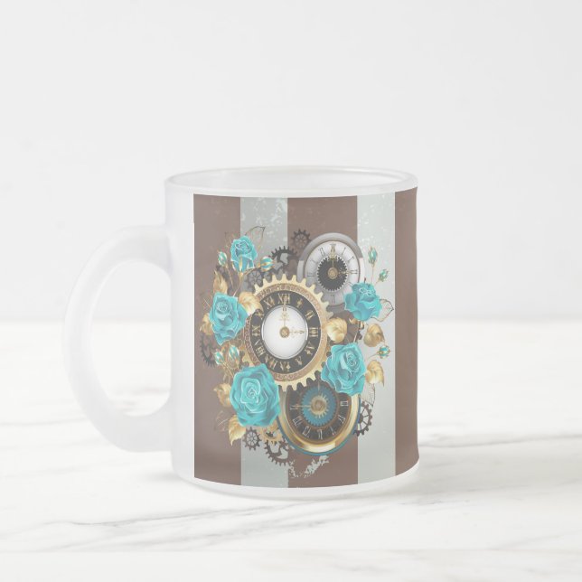 Steampunkuhr und türkisfarbene Rose auf Streifen Mattglastasse (Links)