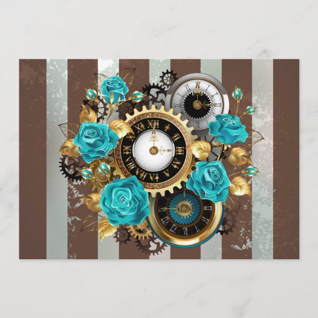 Steampunkuhr und türkisfarbene Rose auf Streifen Menükarte (Vorderseite)