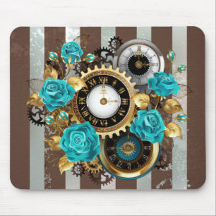 Steampunkuhr und türkisfarbene Rose auf Streifen Mousepad