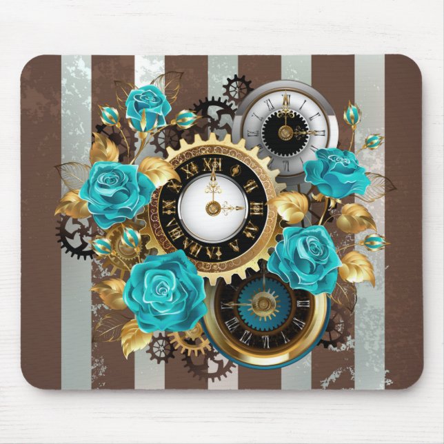 Steampunkuhr und türkisfarbene Rose auf Streifen Mousepad (Vorne)