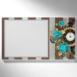 Steampunkuhr und türkisfarbene Rose auf Streifen Namenschild