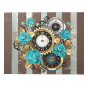 Steampunkuhr und türkisfarbene Rose auf Streifen Notizblock