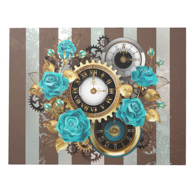 Steampunkuhr und türkisfarbene Rose auf Streifen Notizblock (Vorderseite)