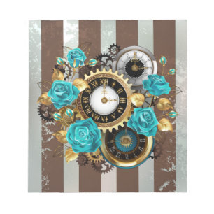 Steampunkuhr und türkisfarbene Rose auf Streifen Notizblock