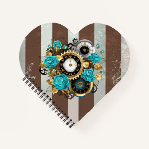 Steampunkuhr und türkisfarbene Rose auf Streifen Notizbuch
