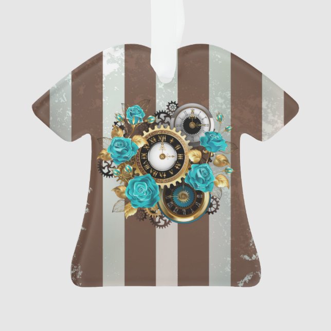 Steampunkuhr und türkisfarbene Rose auf Streifen Ornament (Vorderseite)
