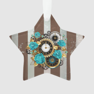 Steampunkuhr und türkisfarbene Rose auf Streifen Ornament