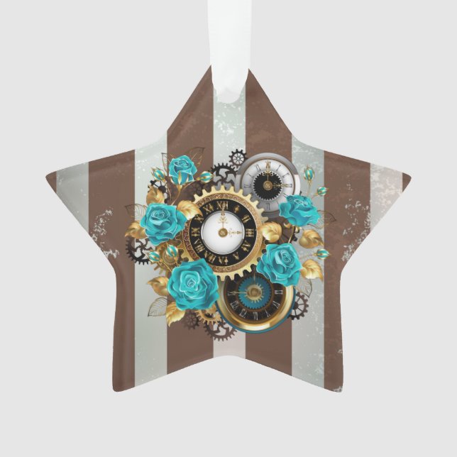 Steampunkuhr und türkisfarbene Rose auf Streifen Ornament (Vorderseite)