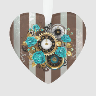 Steampunkuhr und türkisfarbene Rose auf Streifen Ornament