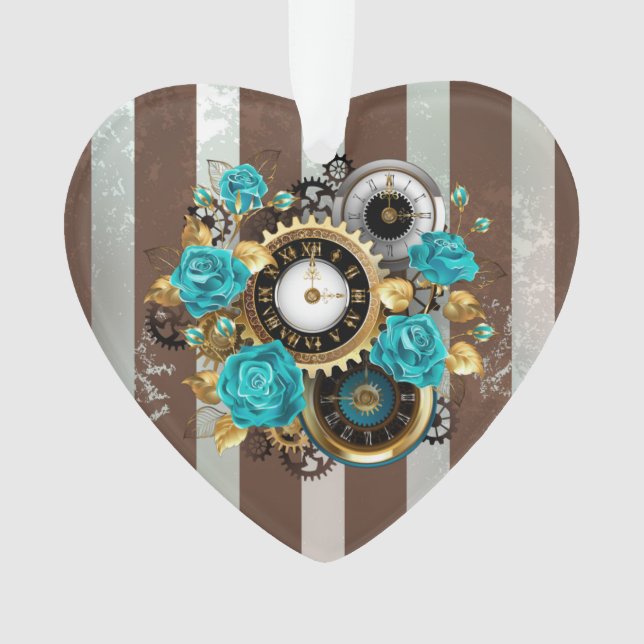 Steampunkuhr und türkisfarbene Rose auf Streifen Ornament (Vorderseite)