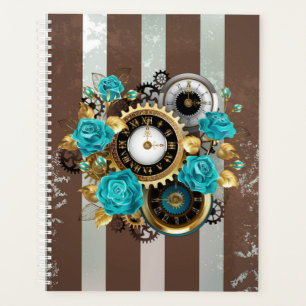 Steampunkuhr und türkisfarbene Rose auf Streifen Planer